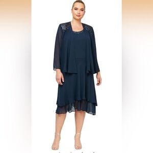 NWT S.L. Fashions Navy Chiffon Dress with Matching Jacket Formal Size 24